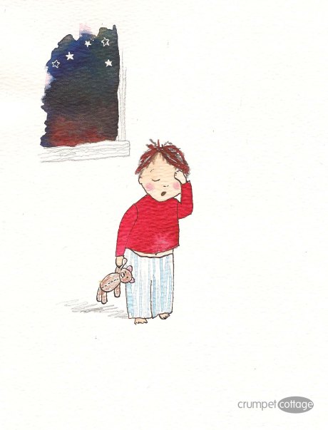 Watercolour illustration of tired little boy.